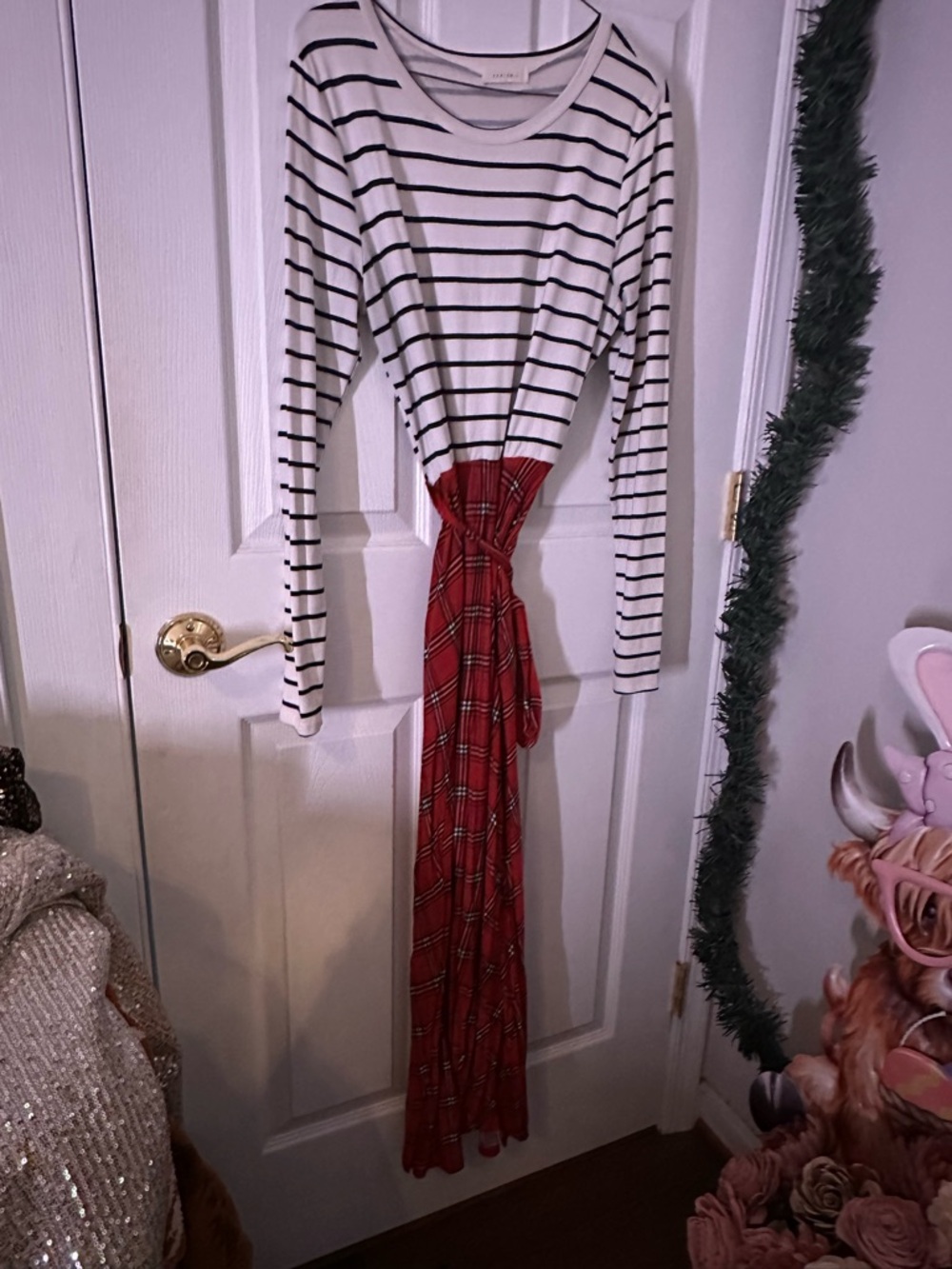 Reborn J White & Black Striped Maxi Dress with Red Plaid Skirt